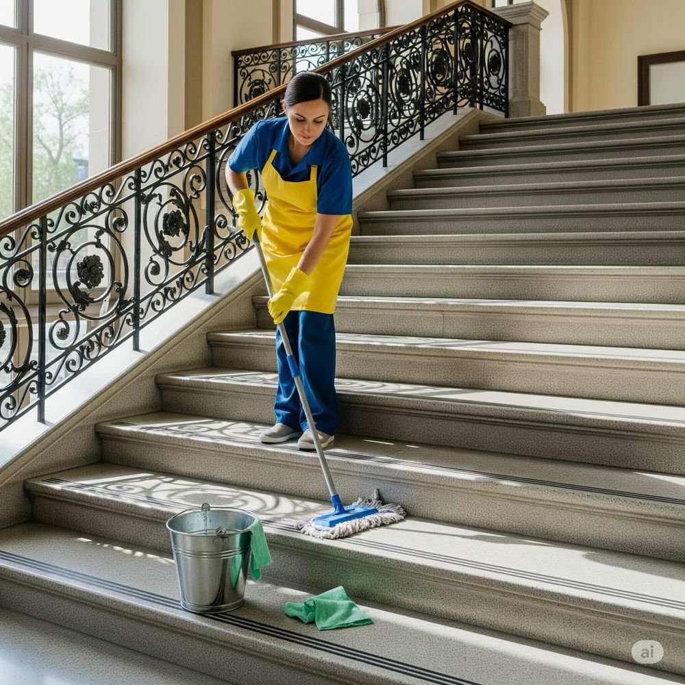 Professionelle Reinigungskraft bei der Treppenhausreinigung